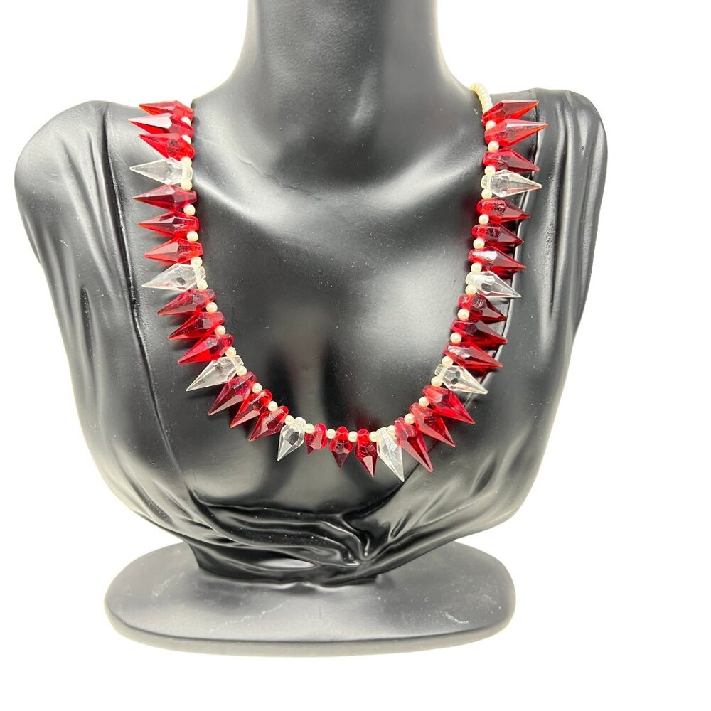 Statement Necklace Faux Pearls and Red Clear Pointed Beads